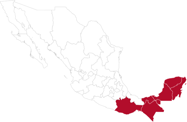 Sureste: Oaxaca, Veracruz Sur, Chiapas, Tabasco, Quintana Roo, Campeche y Yucatán